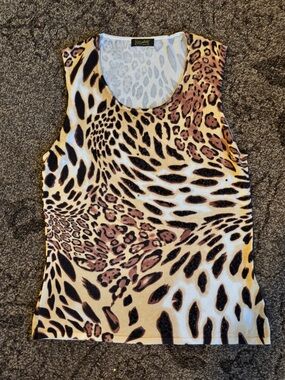 Vintage Beaded Sequin Animal Print Tank Top Brown Leopard